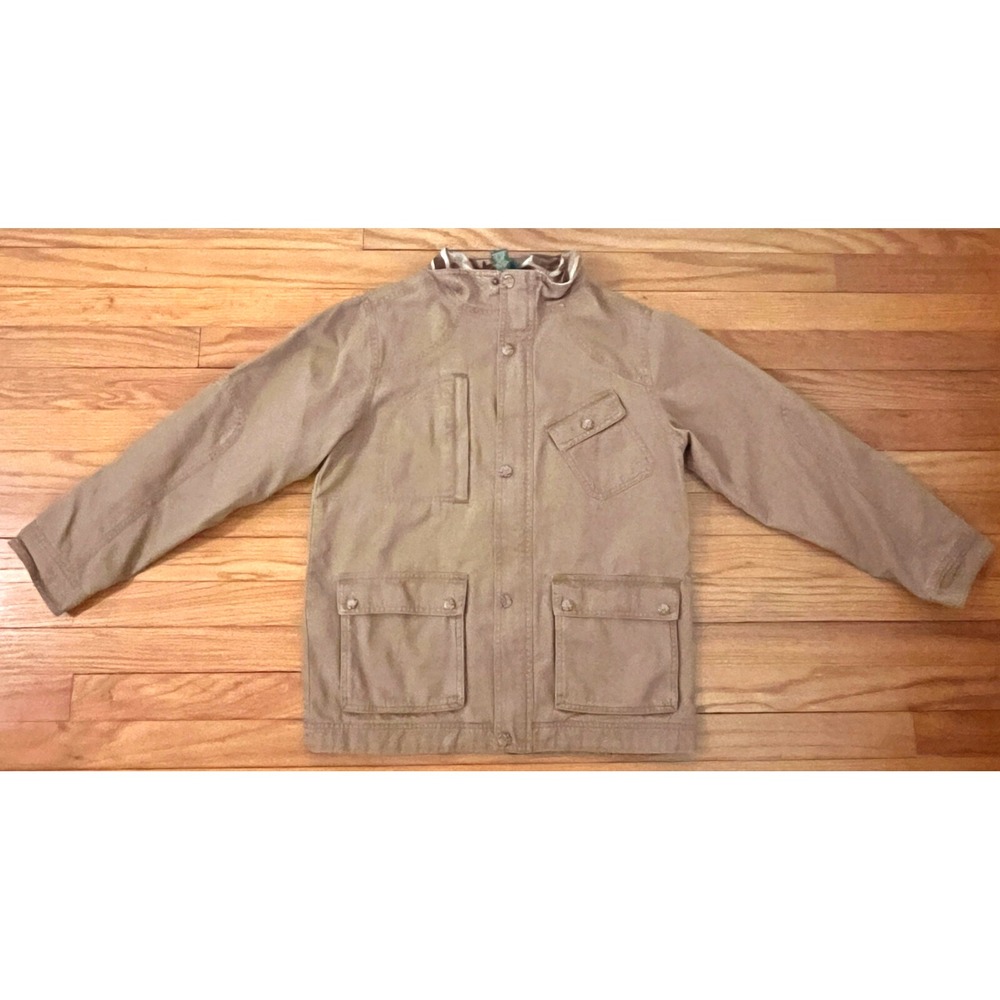 LL Bean Beige Midweight Chore Utility Jacket Camo Lining Women L 14/16 290476